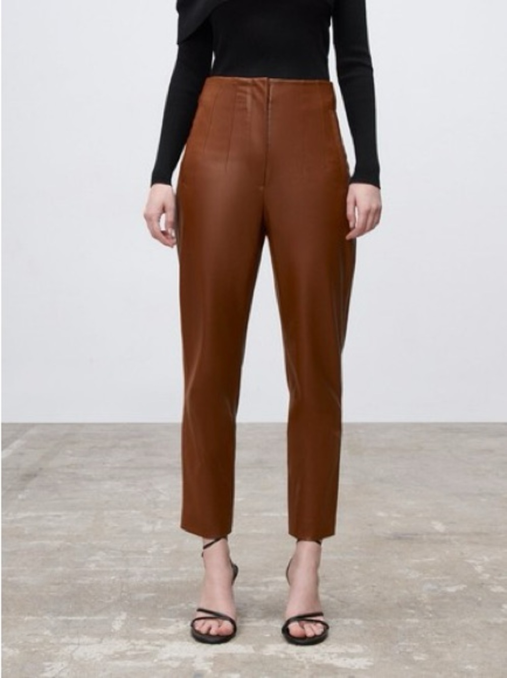 Zara Faux Leather High-Waisted Tapered Pants in Whiskey Brown 4387/432